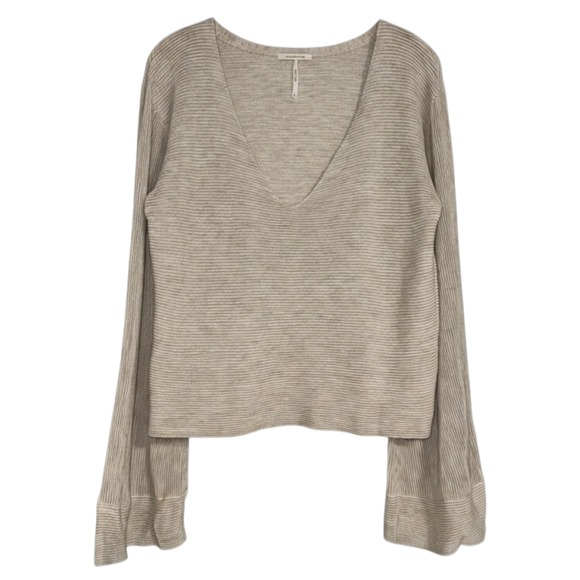 Free People Starman Cream Ribbed Bell Sleeve V Neck Pullover Sweater L‎ - Picture 3 of 8